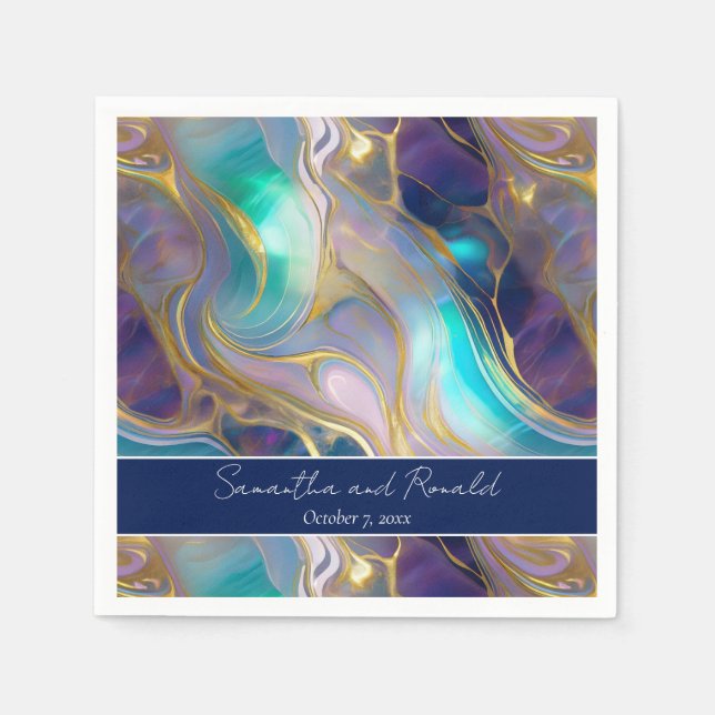 Servilleta De Papel Elegante Boda Faux Gold y Blue Opal Stone (Anverso)