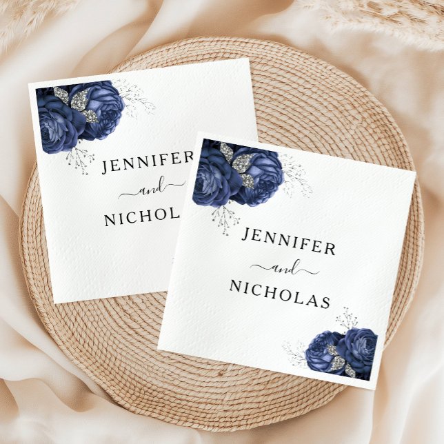 Servilleta De Papel Elegante Boda floral azul de la Marina (Elegant Navy Blue Floral Wedding Napkins)