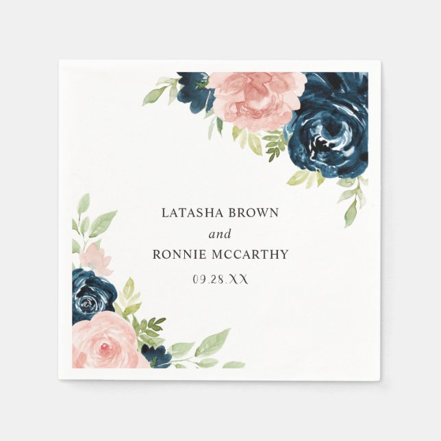 Servilleta De Papel Elegante Boda floral azul de la Marina Rosa de Rub (Anverso)