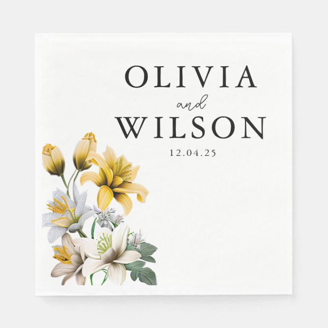 Servilleta De Papel Elegante Boda floral blanco y amarillo (Anverso)
