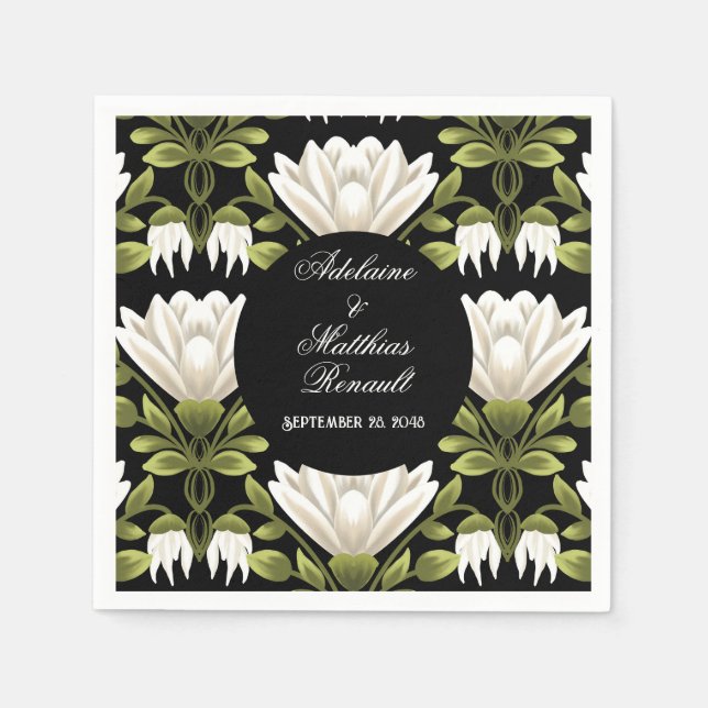 Servilleta De Papel Elegante Boda floral blanco y negro: caligrafía (Anverso)