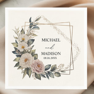 Servilleta De Papel Elegante Boda Floral con Nombres y Fecha Personali