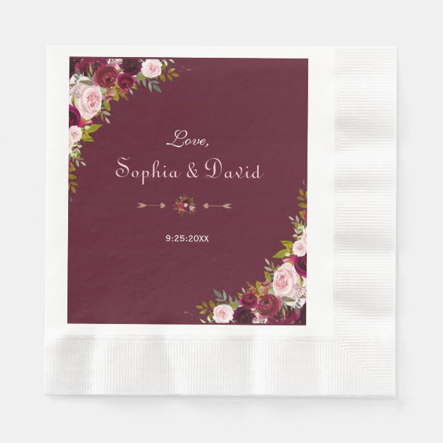 Servilleta De Papel Elegante Boda Floral de Borgoña Marsala (Anverso)