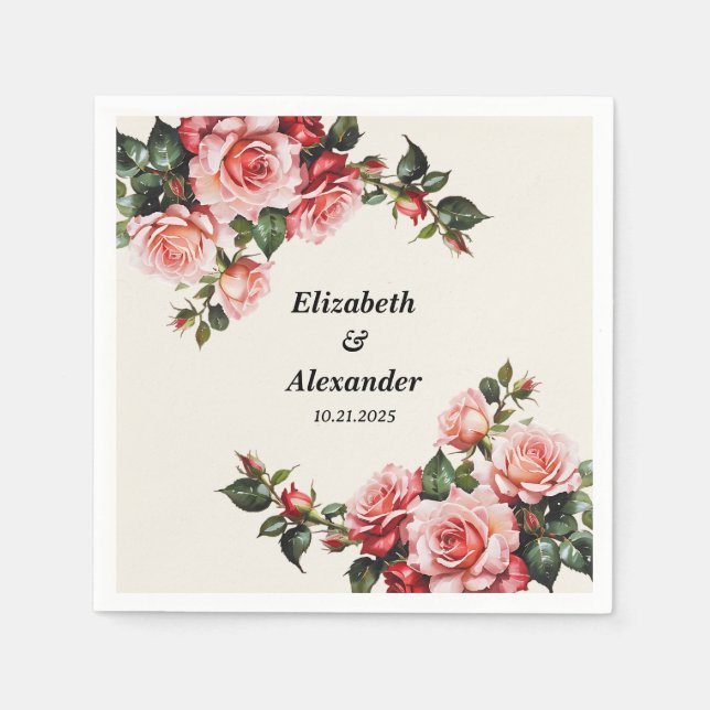 Servilleta De Papel Elegante boda floral de rosas rosas rosas y rojas (Anverso)