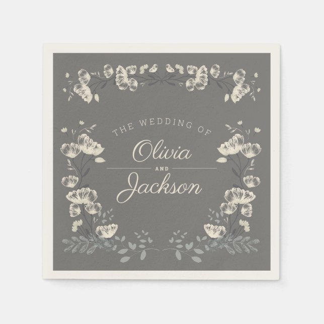 Servilleta De Papel Elegante boda floral gris azul y blanco (Anverso)