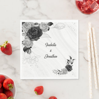 Servilleta De Papel elegante boda floral gris plateado y negro
