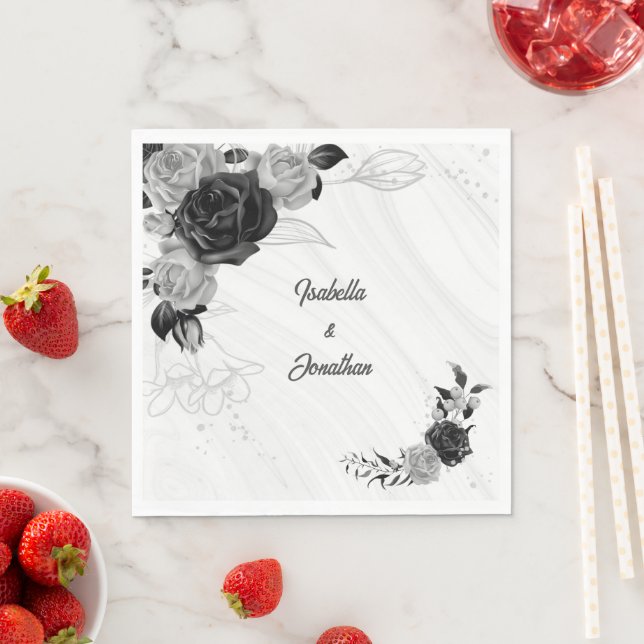 Servilleta De Papel elegante boda floral gris plateado y negro (In situ)