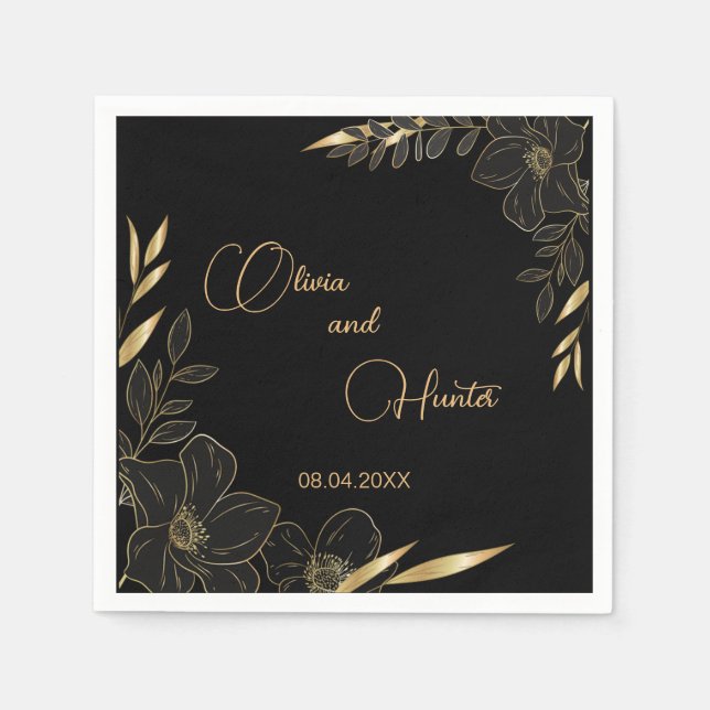 Servilleta De Papel Elegante boda floral negro y dorado (Anverso)