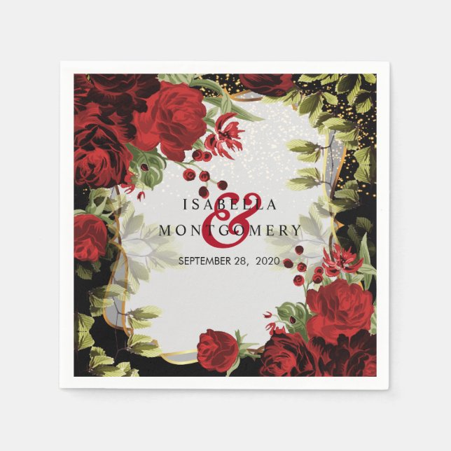 Servilleta De Papel Elegante Boda floral negro y rojo (Anverso)