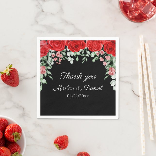 Servilleta De Papel Elegante Boda Floral Negro Y Rojo (In situ)