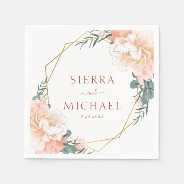 Servilleta De Papel Elegante Boda Floral Peach Gold Terracotta (Anverso)