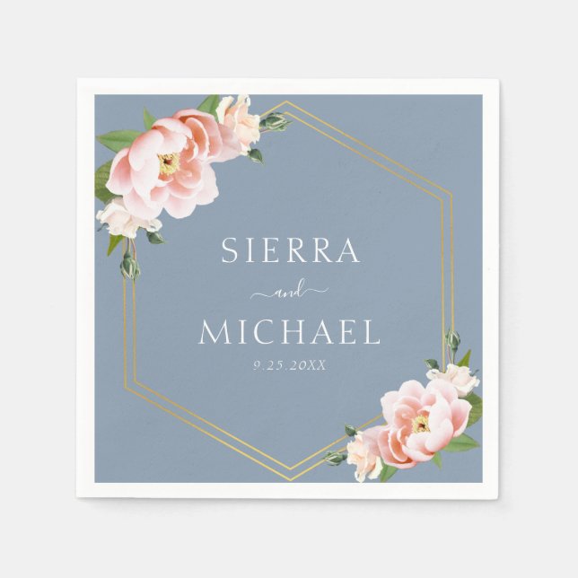 Servilleta De Papel Elegante Boda floral Rubor Gold Dusty Blue (Anverso)