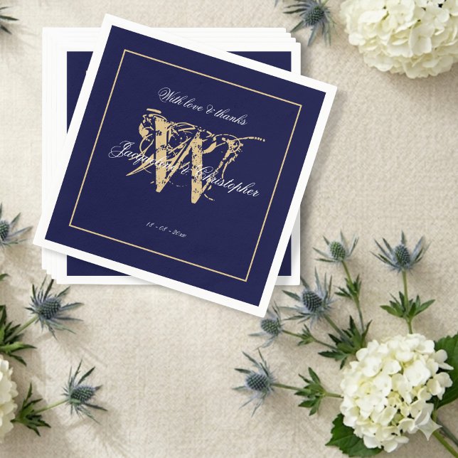 Servilleta De Papel Elegante Boda Marina Blanco Script & Monograma Dor (Gorgeous! Perfect in the right setting.)