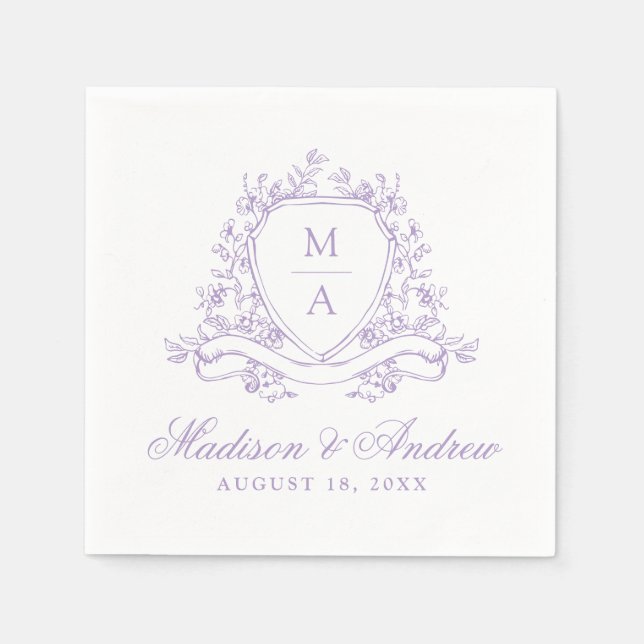 Servilleta De Papel Elegante Boda Monograma Escudo Floral Lavanda (Anverso)