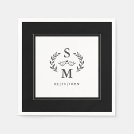 Servilleta De Papel Elegante Boda Monograma Escudo Wreath Blanco Negro