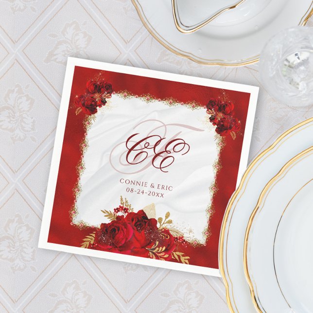 Servilleta De Papel Elegante Boda Monograma Rojo Dorado Floral (Subido por el creador)