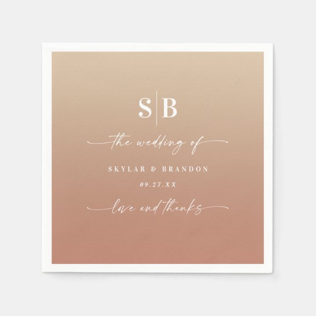 Servilleta De Papel Elegante Boda Monogramado Ombre Clay & Gold (Anverso)