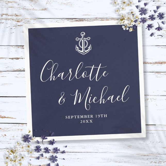 Servilleta De Papel Elegante Boda Náutico Ancla Azul de la Marina (Elegant Navy Blue Anchor Nautical Wedding Napkins)