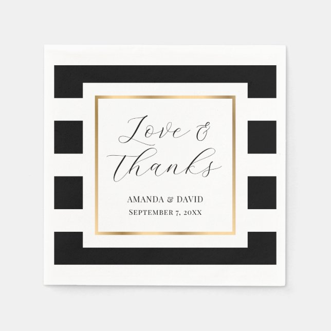Servilleta De Papel Elegante Boda negro y rayado de oro (Anverso)