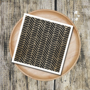 Servilleta De Papel Elegante Boda Nupcial de Chevron Negro y Dorado