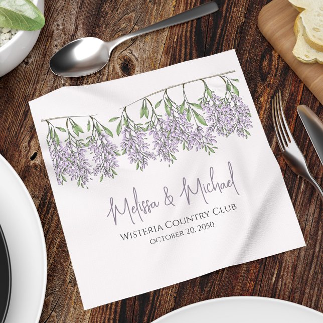 Servilleta De Papel Elegante Boda personalizado con flores de lavanda (Elegant lilac lavender floral wisteria custom cocktail napkin, )