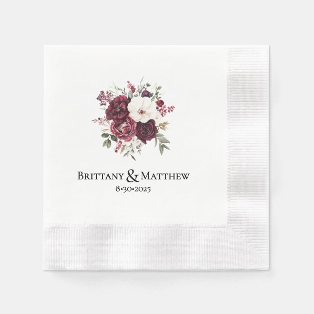 Servilleta De Papel Elegante Boda personalizado de flores de Borgoña (Anverso)