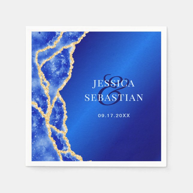 Servilleta De Papel Elegante Boda Royal Blue y Gold Agate (Anverso)