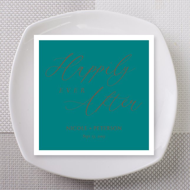 Servilleta De Papel Elegante Boda Script Cobre Azul Verde (Teal wedding napkin, "Happily Ever After" in copper flourish calligraphy, personalized names)