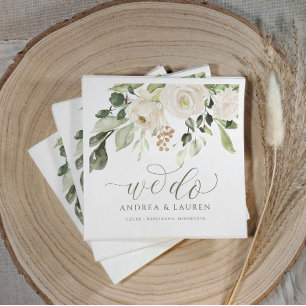 Servilleta De Papel Elegante Boda Verde Foliage Cocktail Blanco