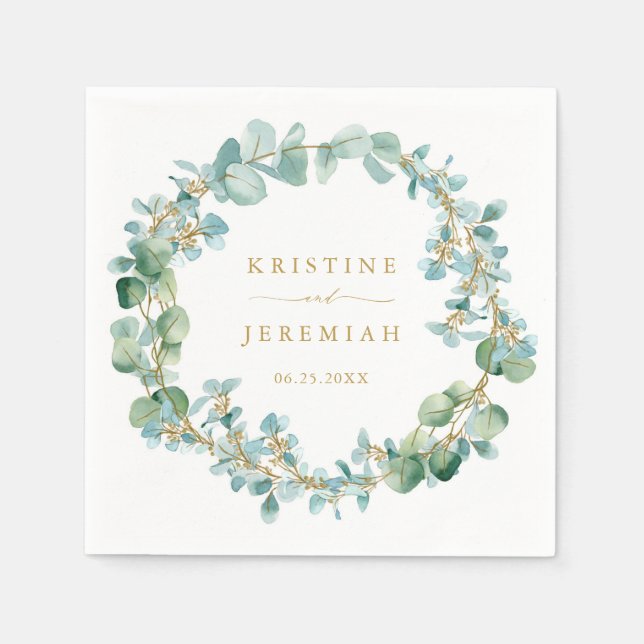 Servilleta De Papel Elegante Boda Wreath Gold Eucalyptus (Anverso)