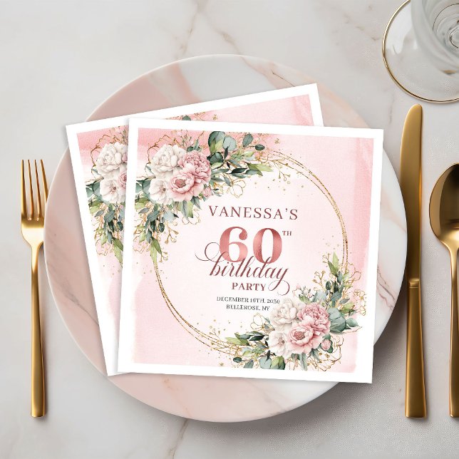 Servilleta De Papel Elegante boho rosa claro floral brillo 60 cumpleañ (Stylish boho light pink floral shimmer 60th birthday napkins

)
