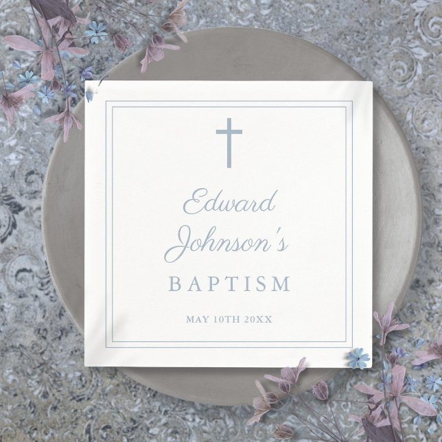 Servilleta De Papel Elegante Borde de Azul Polvoriento Bautizo (Elegant Dusty Blue Border Baptism Napkins)