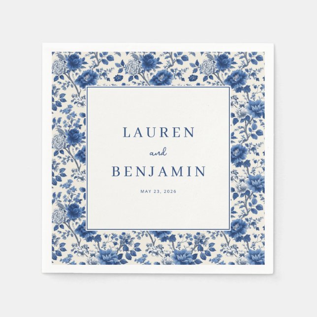 Servilleta De Papel Elegante Borde Floral Azul (Anverso)