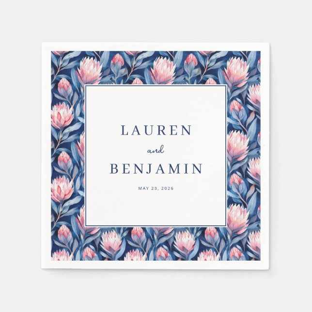 Servilleta De Papel Elegante Borde Floral Azul (Anverso)