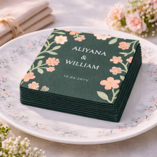 Servilleta De Papel Elegante Borde Floral Verde Rosa Minimalista