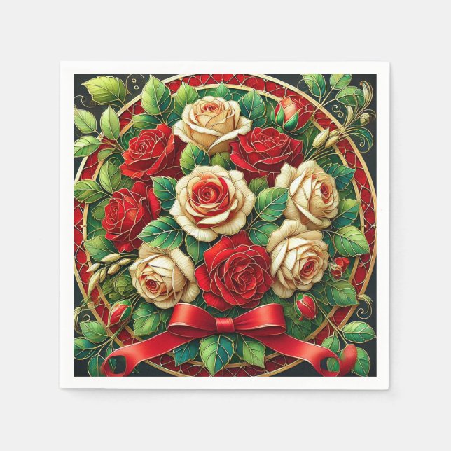 Servilleta De Papel Elegante Bouquet de Rosas rojos y blancos (Anverso)
