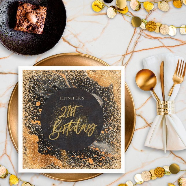 Servilleta De Papel Elegante Brillo Cumpleaños 21 Negro y Dorado (Subido por el creador)