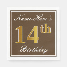 Servilleta De Papel Elegante Brown, Faux Gold 14th Birthday + Nombre