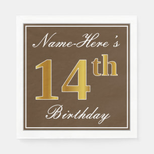 Servilleta De Papel Elegante Brown, Faux Gold 14th Birthday + Nombre