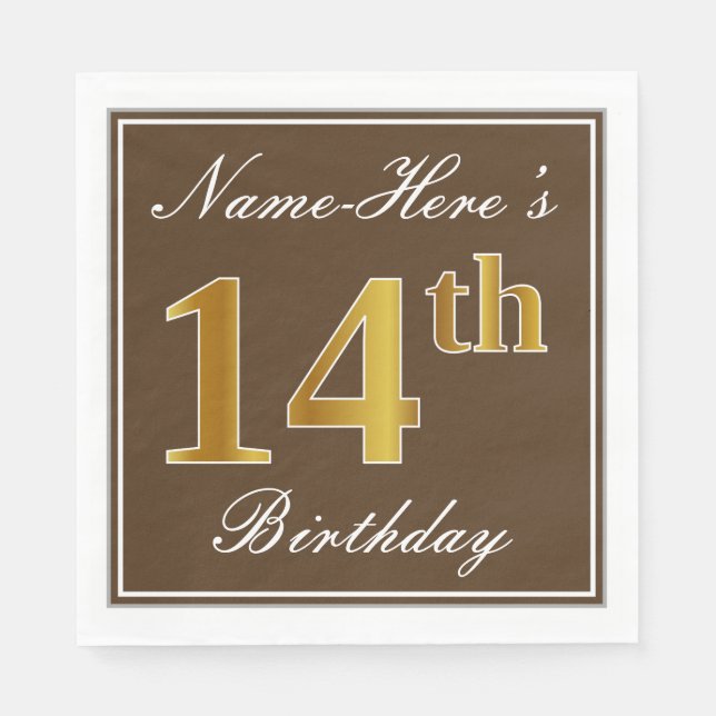 Servilleta De Papel Elegante Brown, Faux Gold 14th Birthday + Nombre (Anverso)