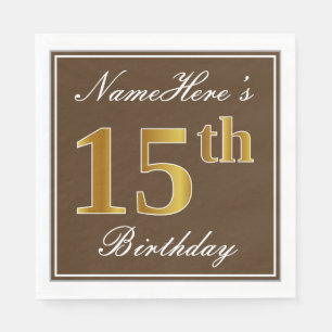 Servilleta De Papel Elegante Brown, Faux Gold 15th Birthday + Nombre