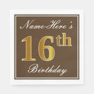 Servilleta De Papel Elegante Brown, Faux Gold 16th Birthday + Name