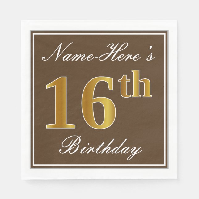 Servilleta De Papel Elegante Brown, Faux Gold 16th Birthday + Name (Anverso)