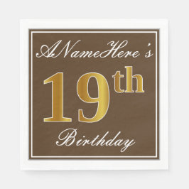 Servilleta De Papel Elegante Brown, Faux Gold 19th Birthday + Name