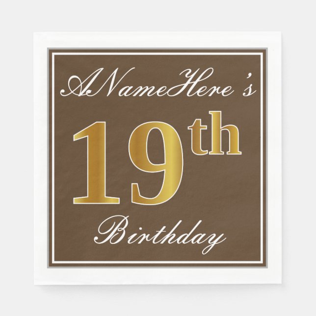 Servilleta De Papel Elegante Brown, Faux Gold 19th Birthday + Name (Anverso)