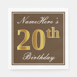Servilleta De Papel Elegante Brown, Faux Gold 20 cumpleaños + nombre