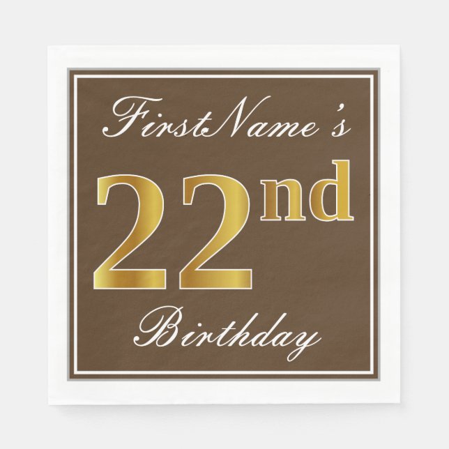 Servilleta De Papel Elegante Brown, Faux Gold 22nd Birthday + Nombre (Anverso)