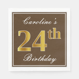 Servilleta De Papel Elegante Brown, Faux Gold 24th Birthday + Nombre
