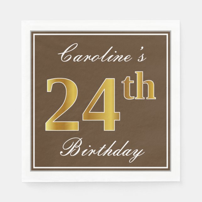 Servilleta De Papel Elegante Brown, Faux Gold 24th Birthday + Nombre (Anverso)