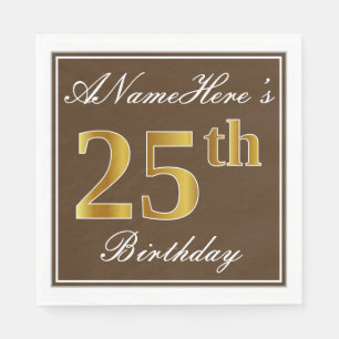 Servilleta De Papel Elegante Brown, Faux Gold 25th Birthday + Nombre